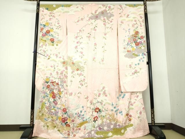 平和屋着物●豪華振袖　枝垂れ桜　御所車花文　金彩　正絹　逸品　DABH9508ps