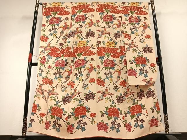 平和屋着物●豪華振袖　型染め　花鳥文　鬼しぼ縮緬　正絹　逸品　AABK1287fy