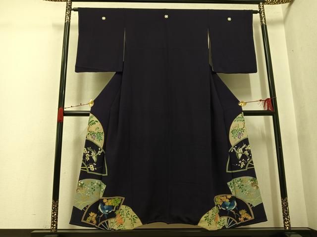 平和屋着物●アンティーク 大正ロマン 色留袖 刺繍 扇面花鳥文 両褄 正絹 逸品 AABK0262ph