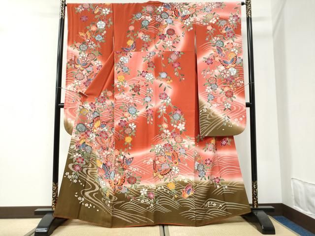 平和屋着物●豪華振袖　型染め　流水花蝶文　暈し染め　正絹　逸品　CABI2701yc