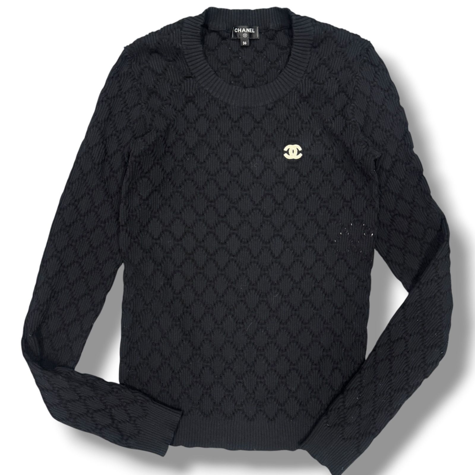 美品 CHANEL シャネル P63293K ココマーク ニット セーター コットン 黒 ブラック 36サイズ レディース 国内正規品