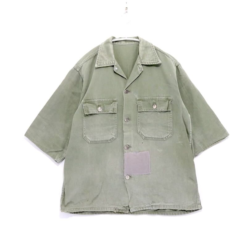 【中古B】メンズ M 40s 40年代 ヴィンテージ リメイク 半袖 ミリタリーシャツ カーキ オリーブ 13スターボタン ガスフラップ ツイル