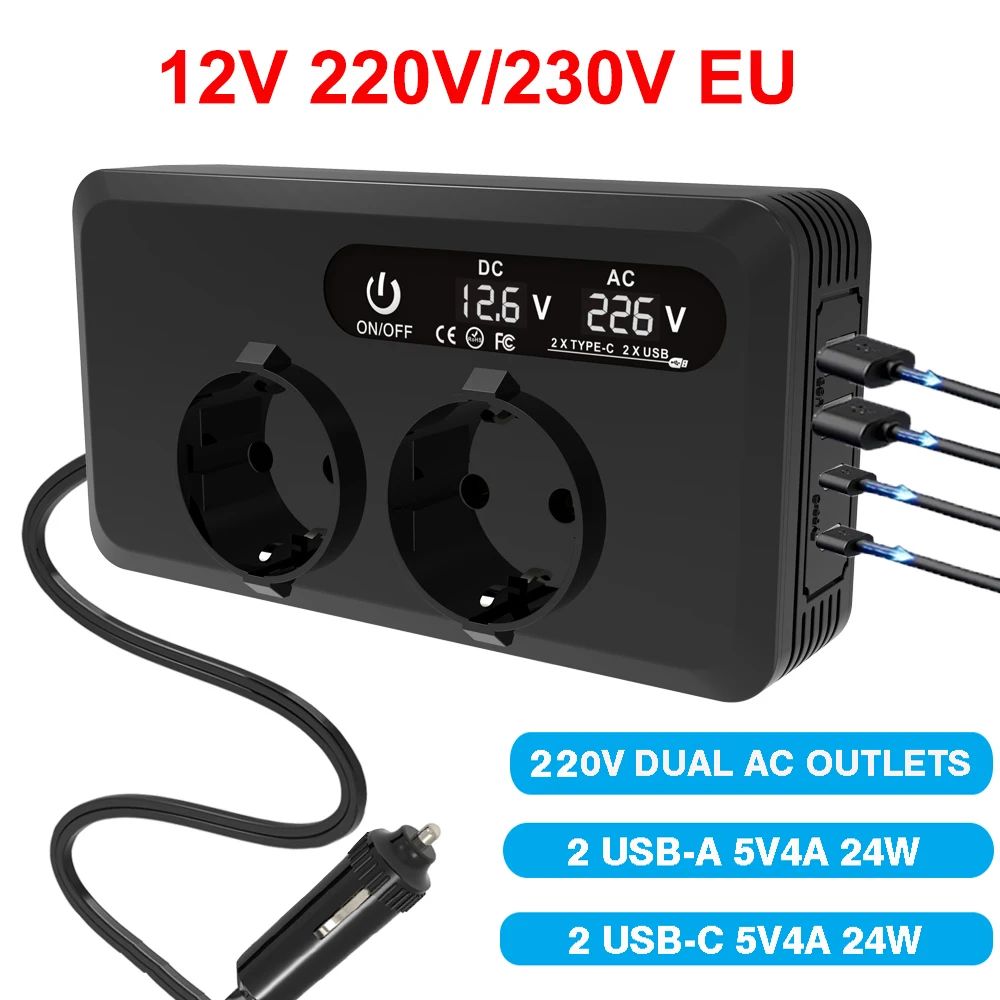 kebidumei カーインバーター 200W DC12V→AC220V/230V変換 Type-C USB急速充電 EUソケット付き 電源アダプター