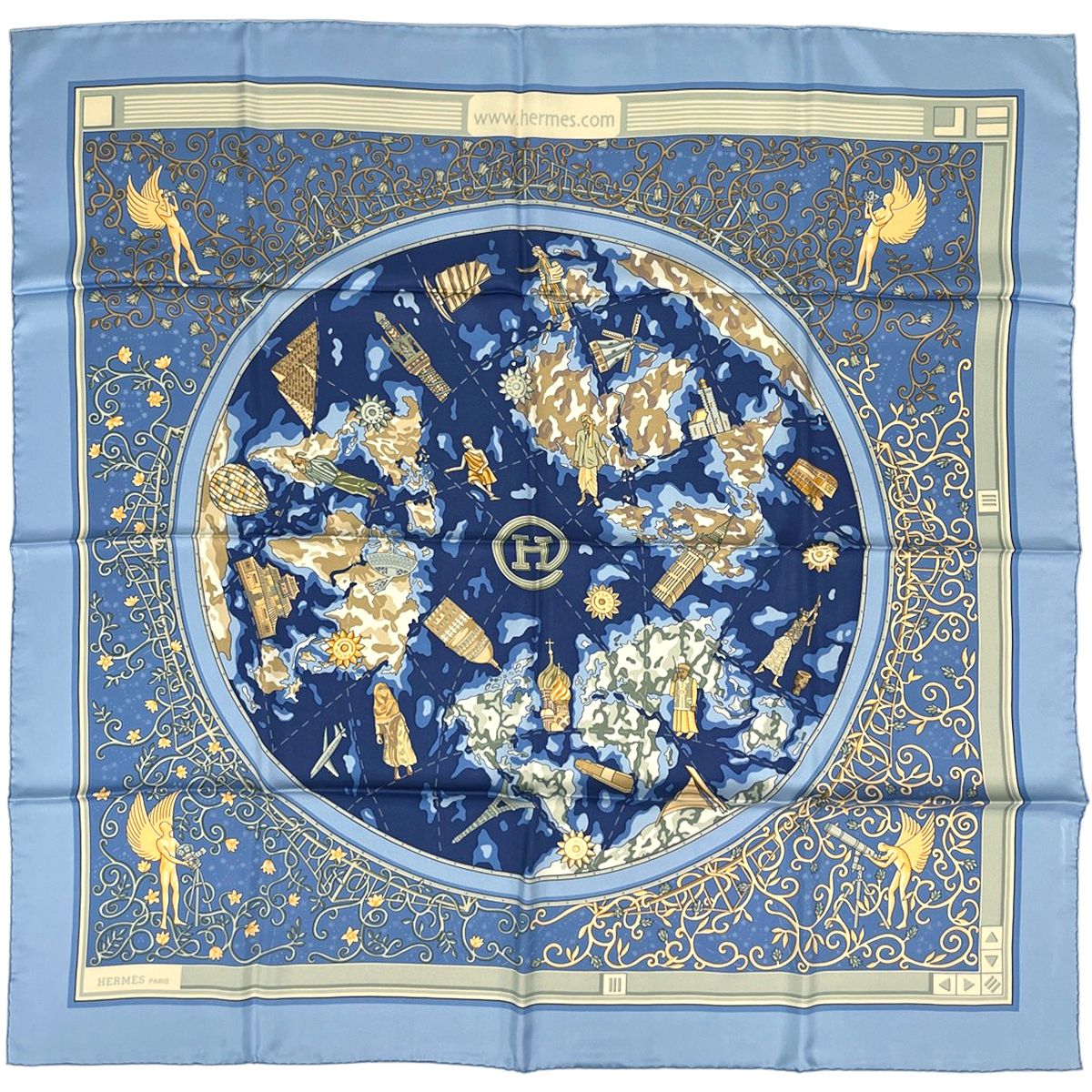 エルメス HERMES カレ90 世界地図 スカーフ シルク ブルー マルチカラー レディース 【中古】