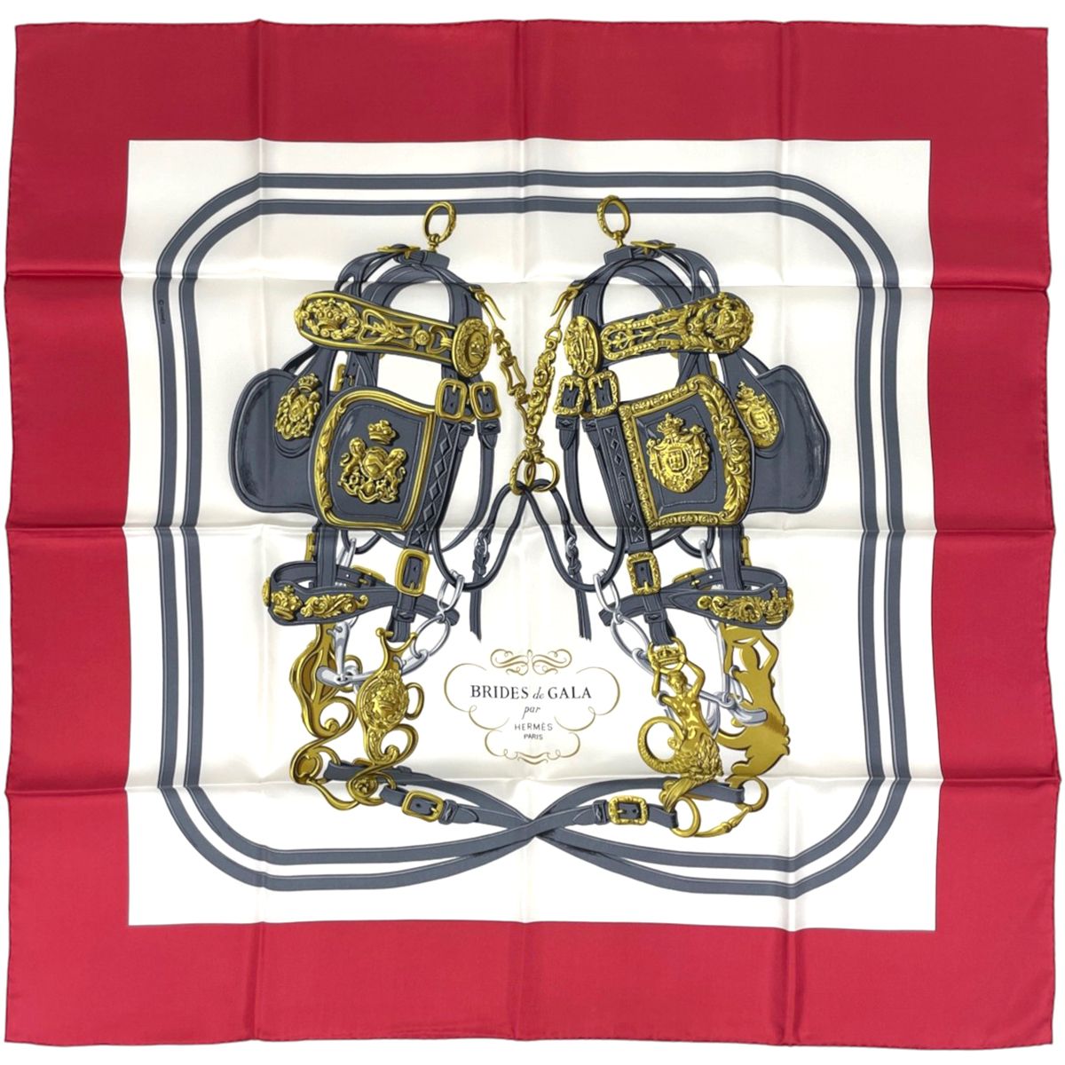 エルメス HERMES カレ90 BRIDES de GALA スカーフ 式典用馬勒 馬具 シルク レッド レディース 【中古】