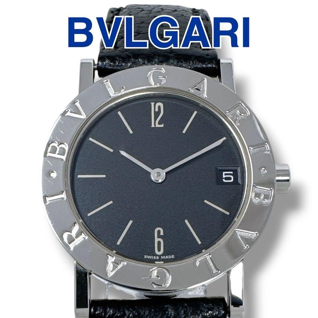 ブルガリ BB30SLD レザーベルト 黒 ボーイズ メンズ レディース 腕時計 BVLGARI 革ベルト ブラック ブランド 美品 稼働 ブラック文字盤 シルバー ブラック革ベルト クオーツ デイト ステンレススチール スイス製