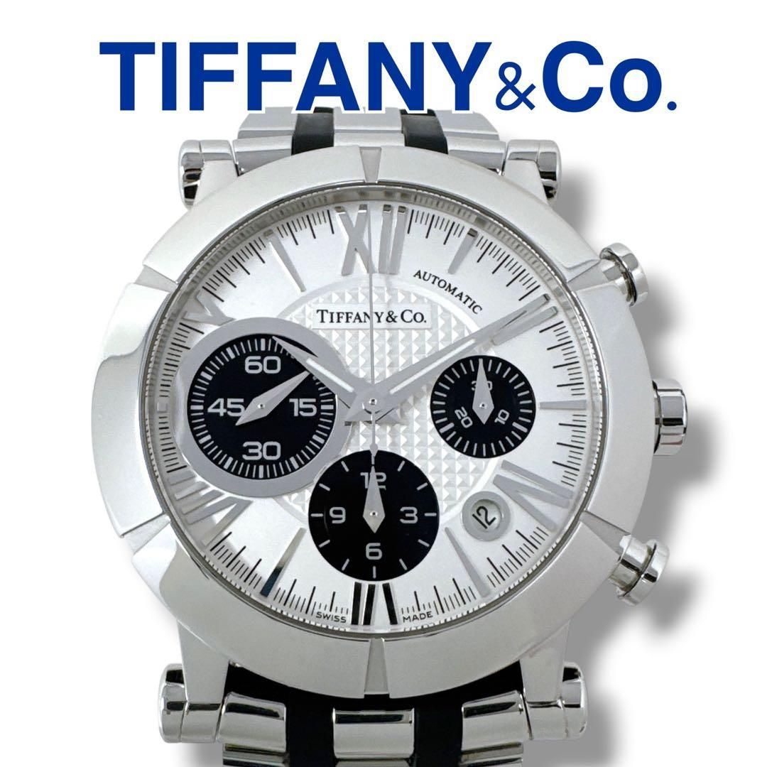 ティファニー アトラス ジェント Z1000 クロノ 自動巻き メンズ 腕時計 TIFFANY クロノグラフ シルバー ブランド 美品 稼働 ライトシルバー オフホワイトに近いです ブラック文字盤 オートマ AUTOMATIC デイト ステンレススチール