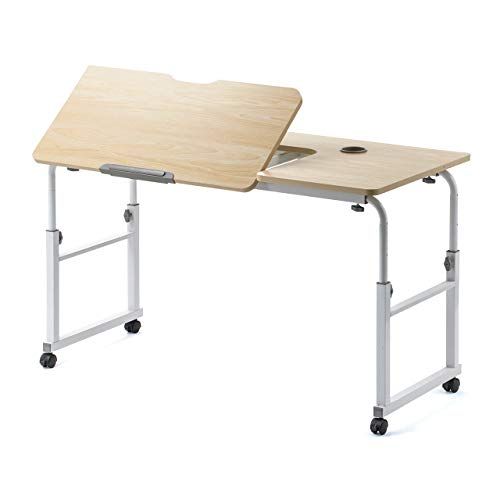 サンワダイレクト パソコンデスク 高さ56?85cm 脚の幅120?196cm 角度調整 【組立簡単】キャスター付き 100-DESKN004LM | 天板幅120×奥行60cm,モニターアーム取付対応,ベッドテーブル,薄い木目ｍａ