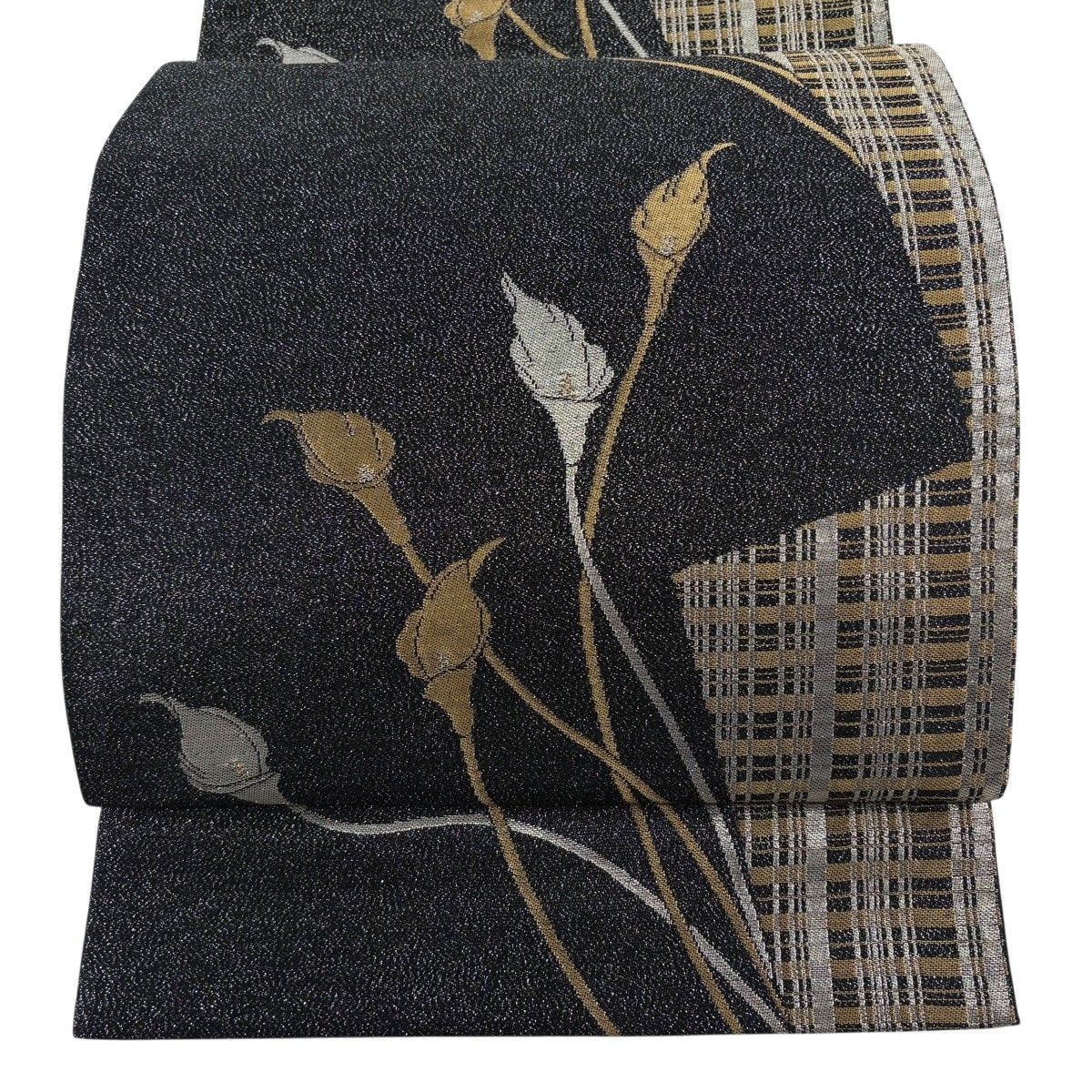 【美品】 袋帯 名品 前田華清 落款 カラー 縞 金銀糸 箔 黒 全通 正絹 【中古】