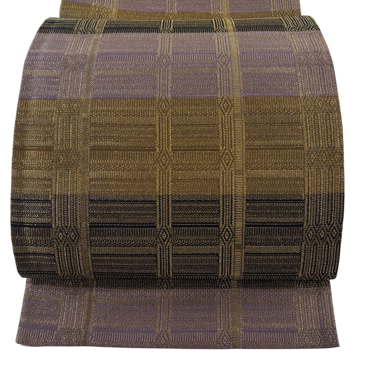 【美品】 袋帯 名品 幾何学 金糸 紫 六通 正絹 【中古】