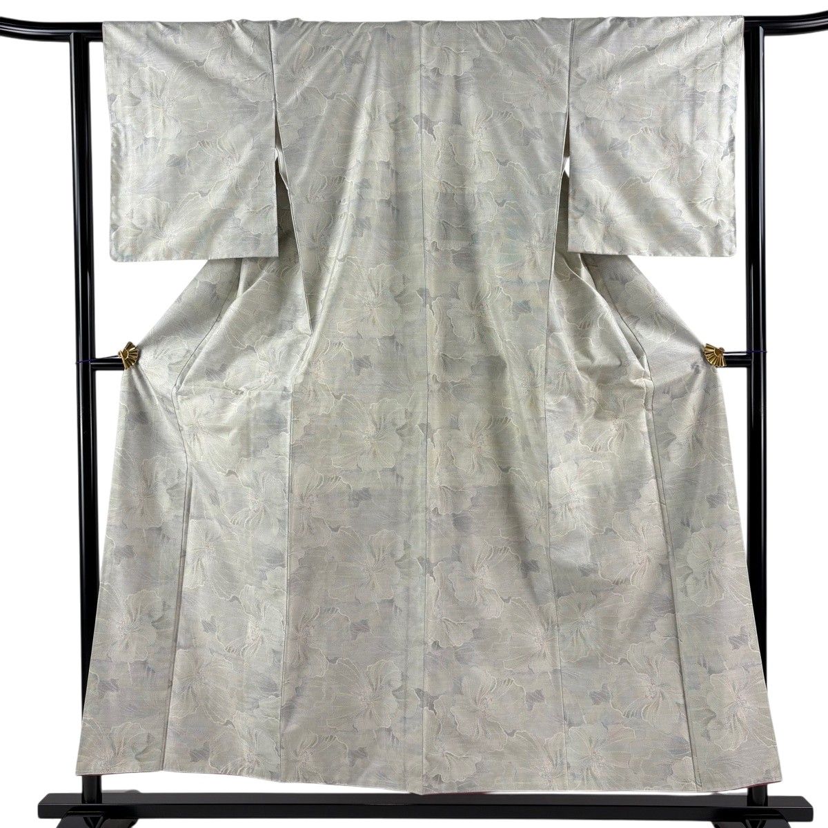 【美品】 大島紬 身丈155cm 裄丈62cm S 袷 都喜ヱ門 証紙 花 灰緑 正絹 逸品 【中古】