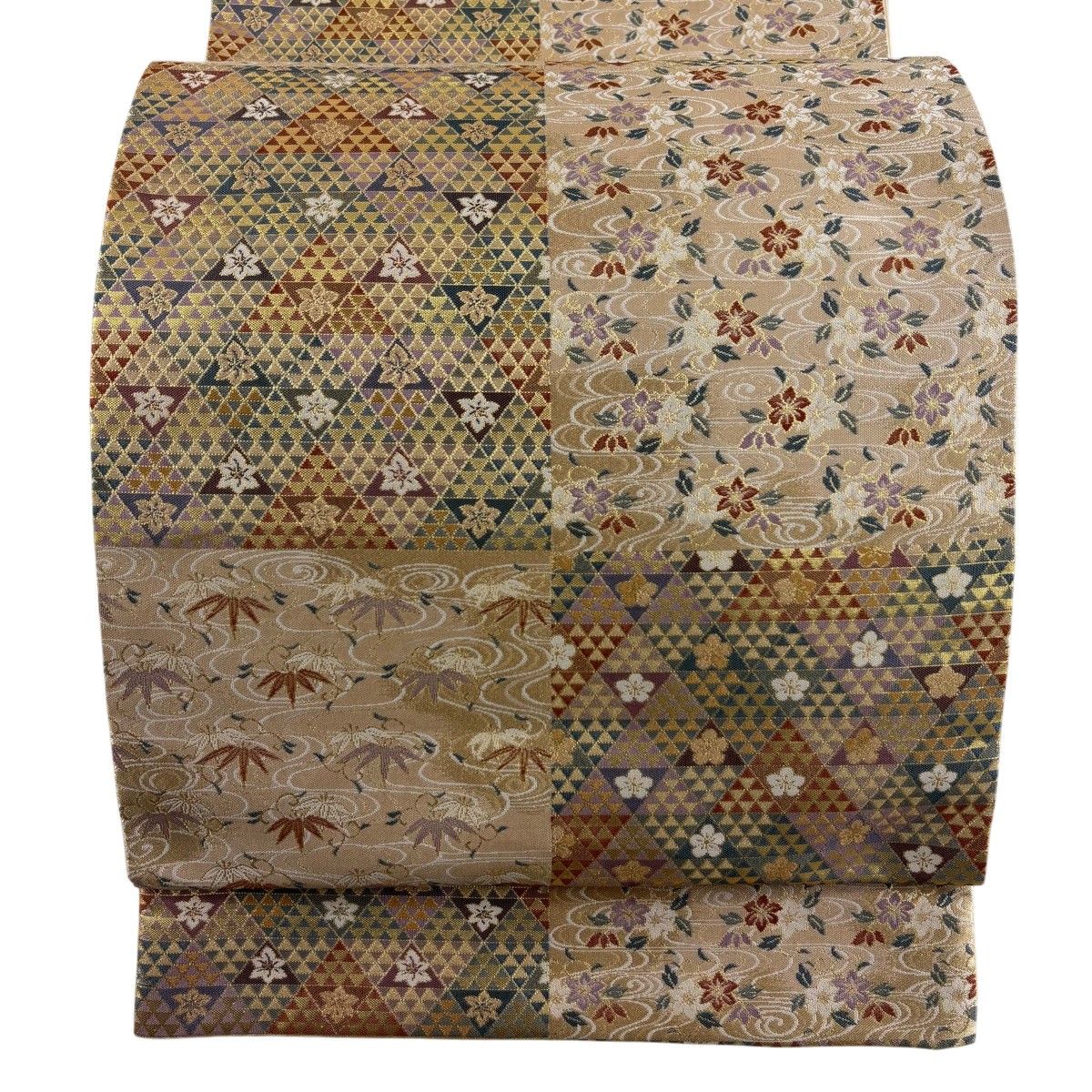 【美品】 袋帯 秀品 落款 蒔絵市松鱗文 金糸 箔 ベージュ 六通 正絹 【中古】