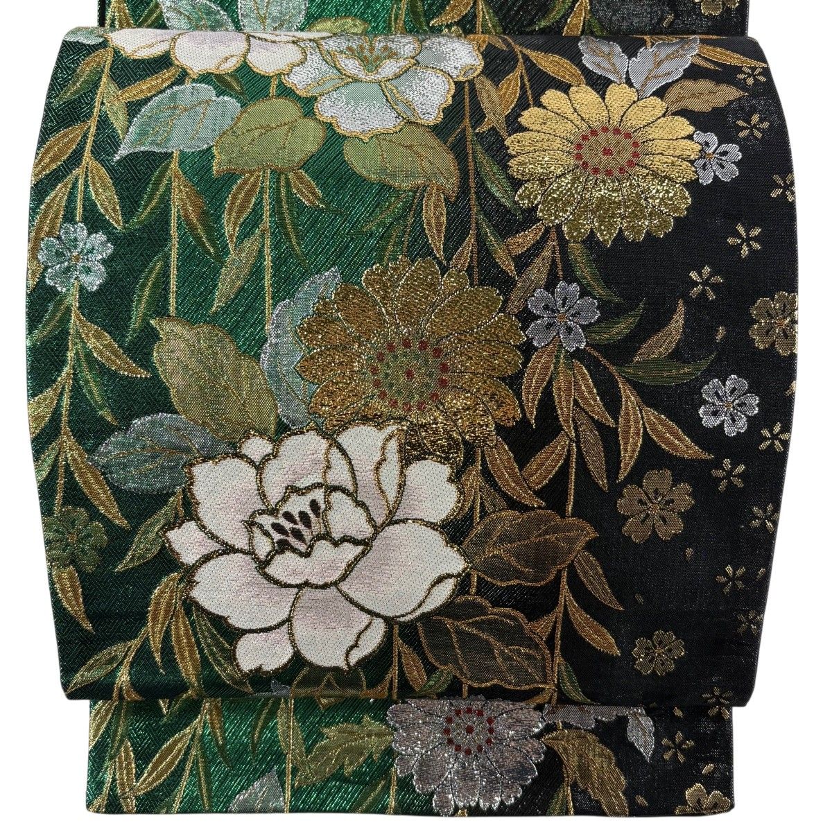 【美品】 袋帯 秀品 草花 桜 箔 緑 六通 正絹 【中古】