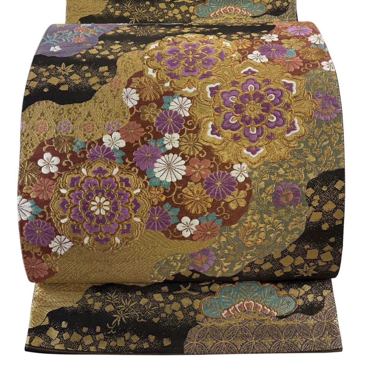 【美品】 袋帯 逸品 落款 じゅらく帝王紫 華文 笠松 金糸 箔 金茶 六通 正絹 【中古】