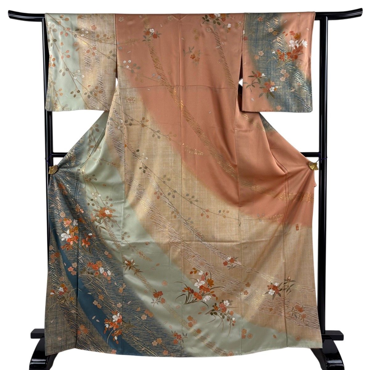 訪問着 身丈168cm 裄丈62.5cm S 袷 落款 草花 桜 金糸 刺繍 青緑 正絹 秀品 【中古】