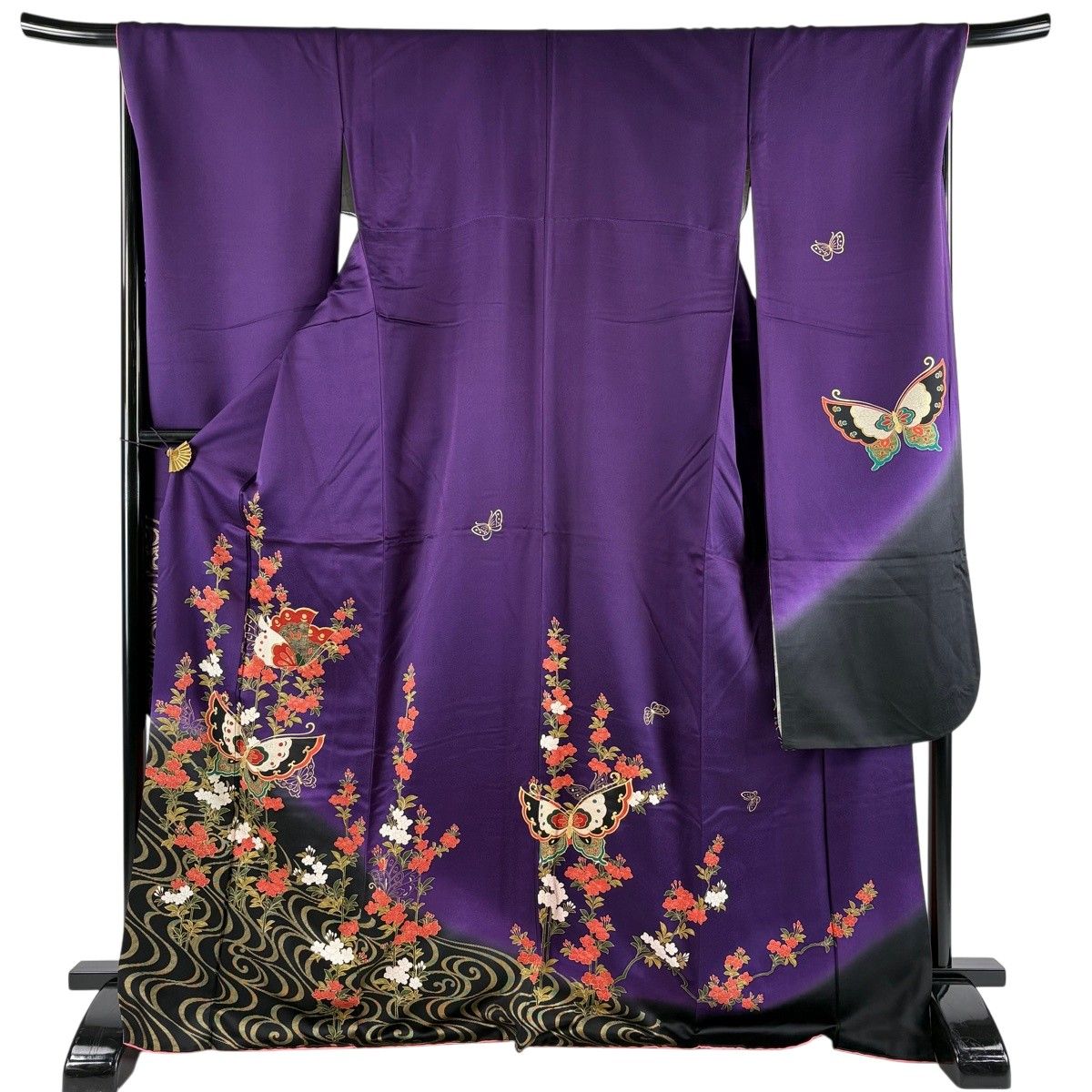 振袖 身丈169.5cm 裄丈68.5cm L 袷 蝶 草花 金彩 ぼかし 紫 正絹 秀品 【中古】
