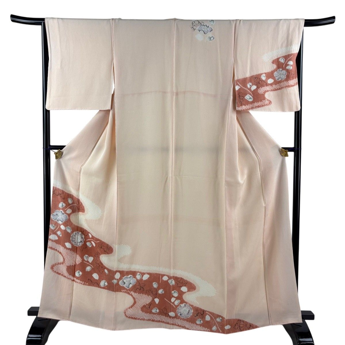 訪問着 身丈165cm 裄丈66cm M 袷 霞 草花 絞り 薄ピンク 正絹 秀品 【中古】