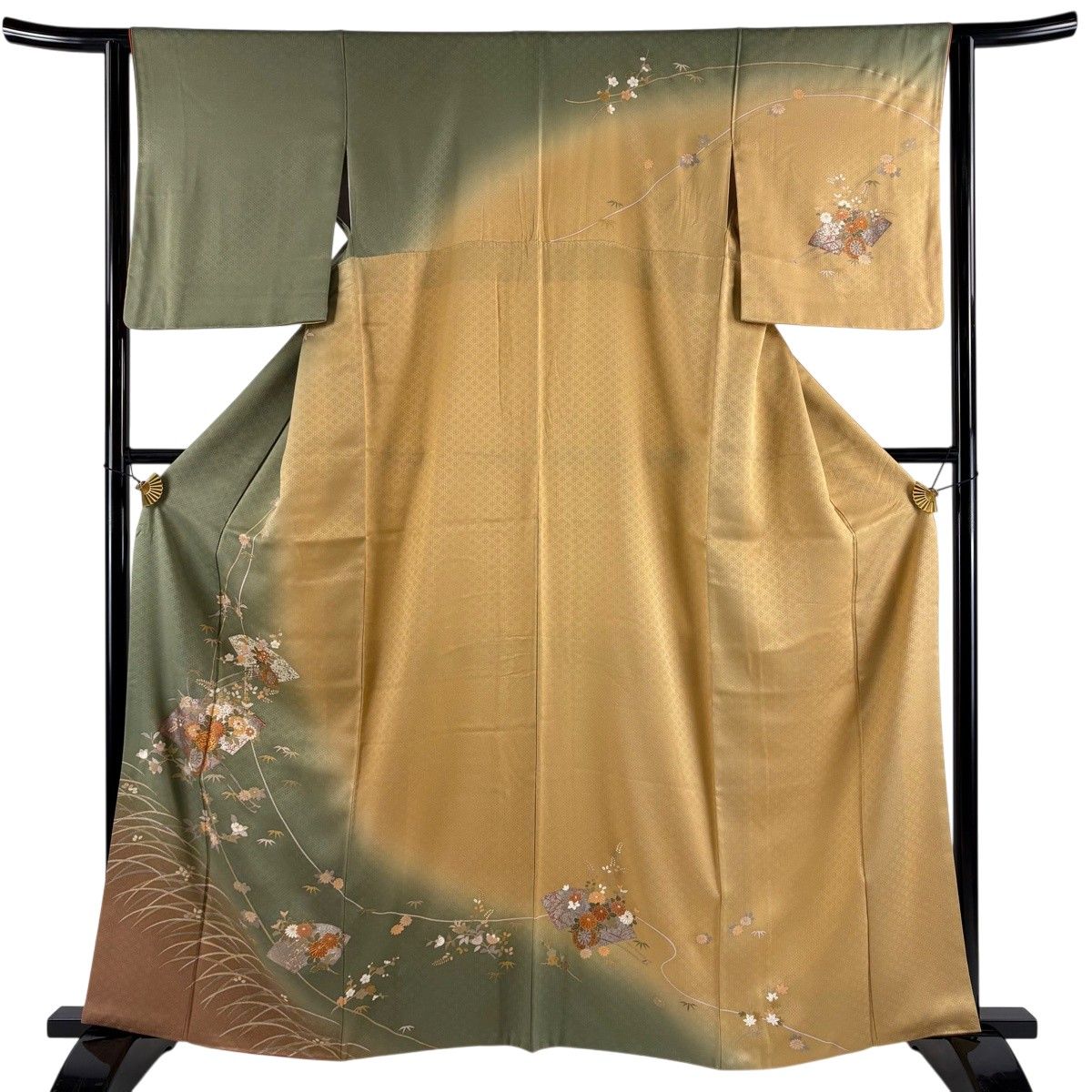 訪問着 身丈162cm 裄丈63.5cm S 袷 扇面 花車 金銀彩 染め分け 灰緑 正絹 秀品 【中古】