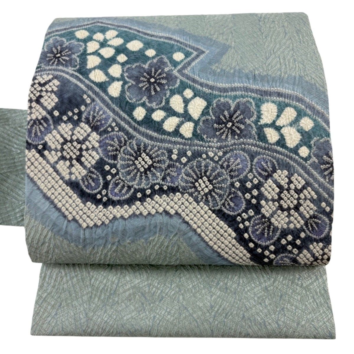 名古屋帯 逸品 桜 菊 総絞り 青灰色 正絹 【中古】 26,850円