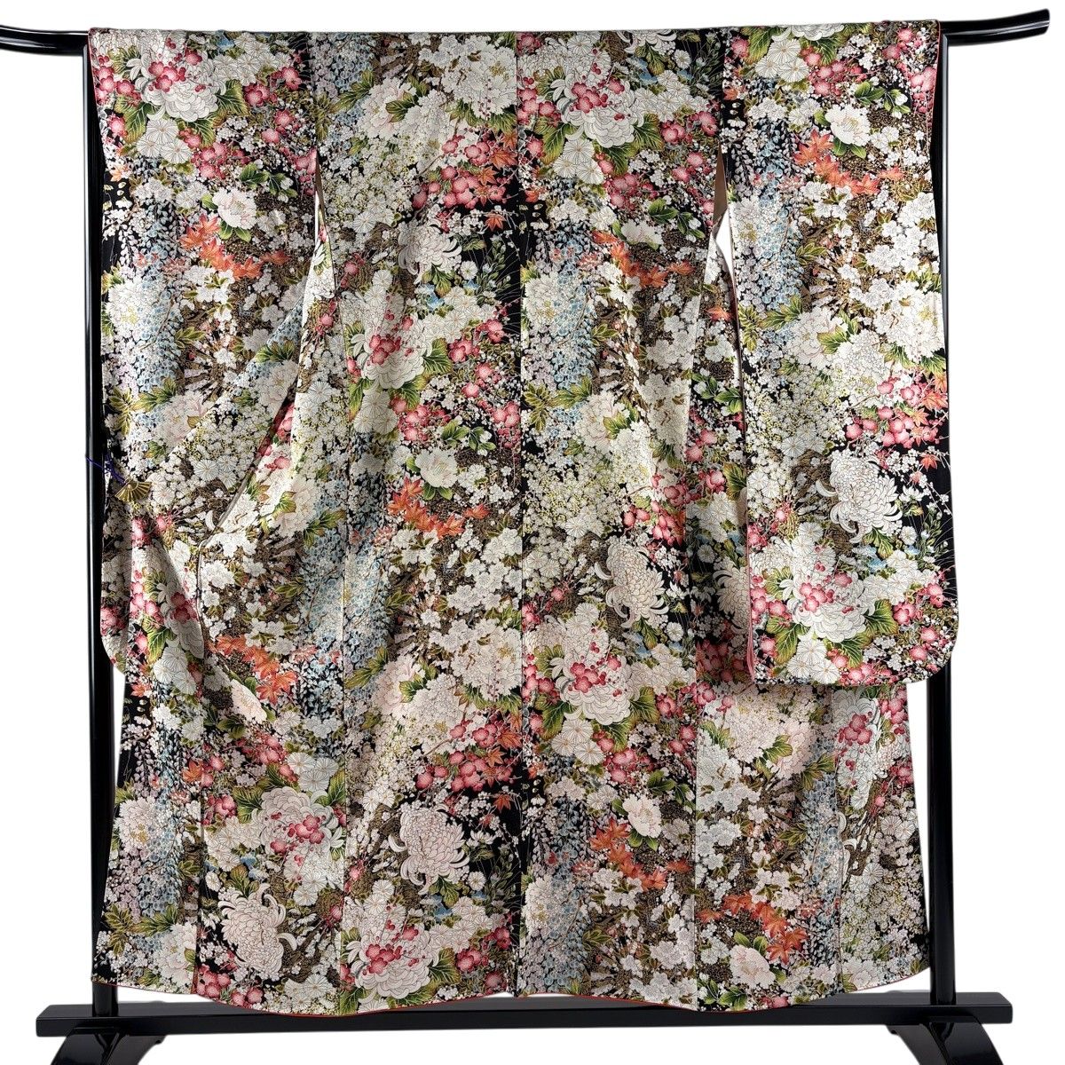 振袖 身丈155cm 裄丈66cm M 袷 牡丹 草花 金銀彩 黒 正絹 秀品 【中古】