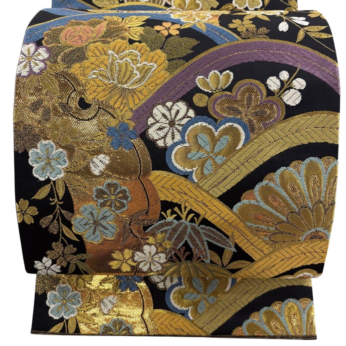 【美品】 袋帯 秀品 草花 松竹梅 金糸 唐織 黒 六通 正絹 【中古】