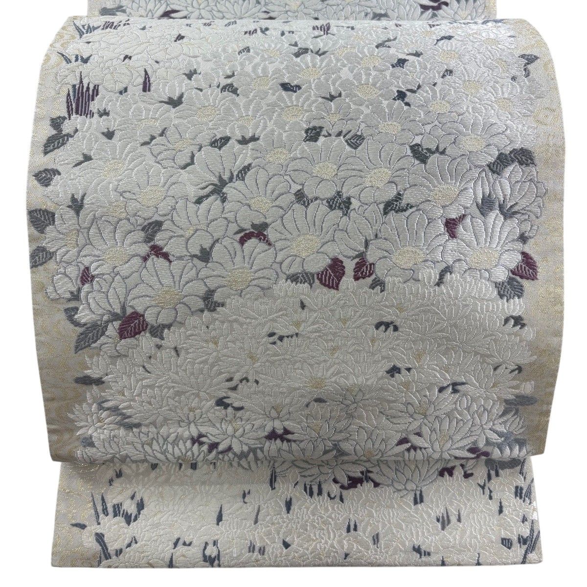 【美品】 袋帯 秀品 草花 刺繍 箔 灰白 六通 正絹 【中古】