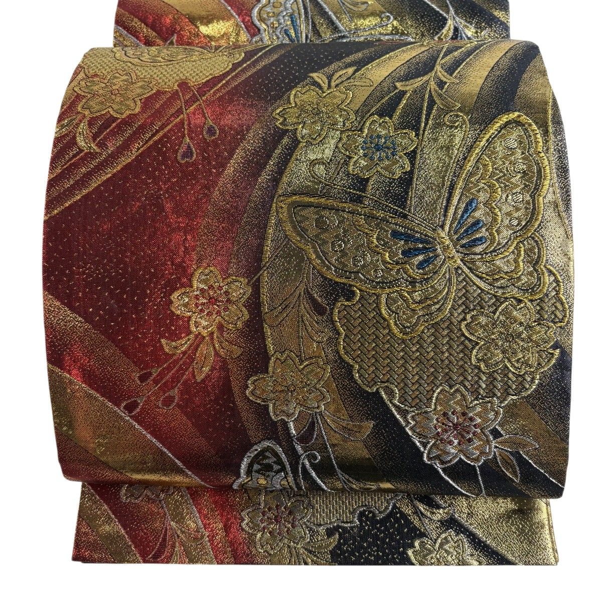 【美品】 袋帯 秀品 蝶 桜 箔 金銀糸 赤 六通 正絹 【中古】