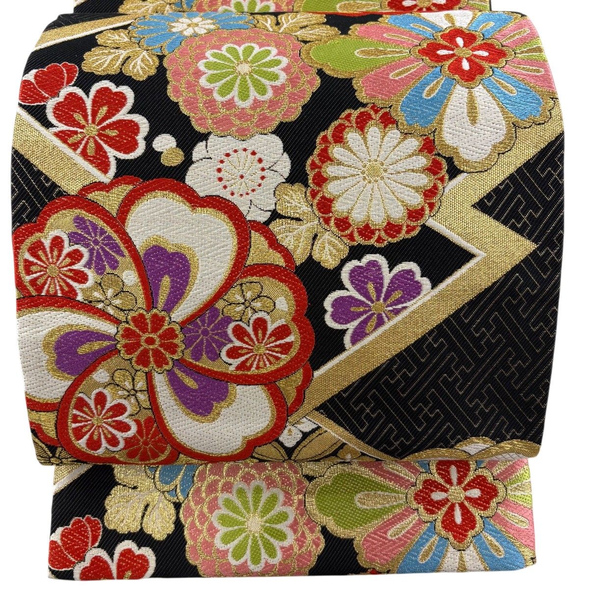 【美品】 袋帯 秀品 菊 花菱 箔 唐織 黒 六通 正絹 【中古】 6,776円