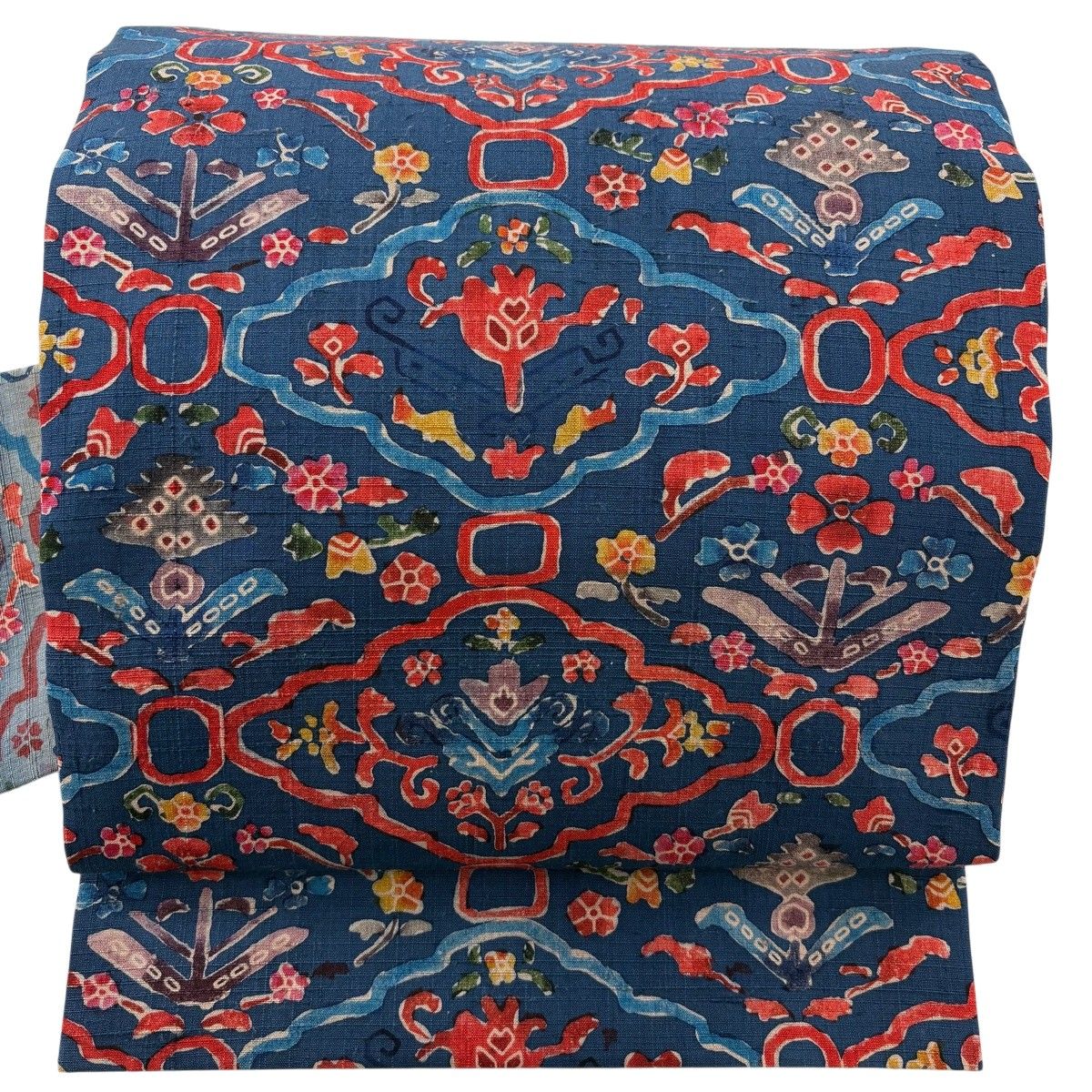 【美品】 名古屋帯 秀品 紬地 花唐草 菱 ぼかし 紺色 正絹 【中古】