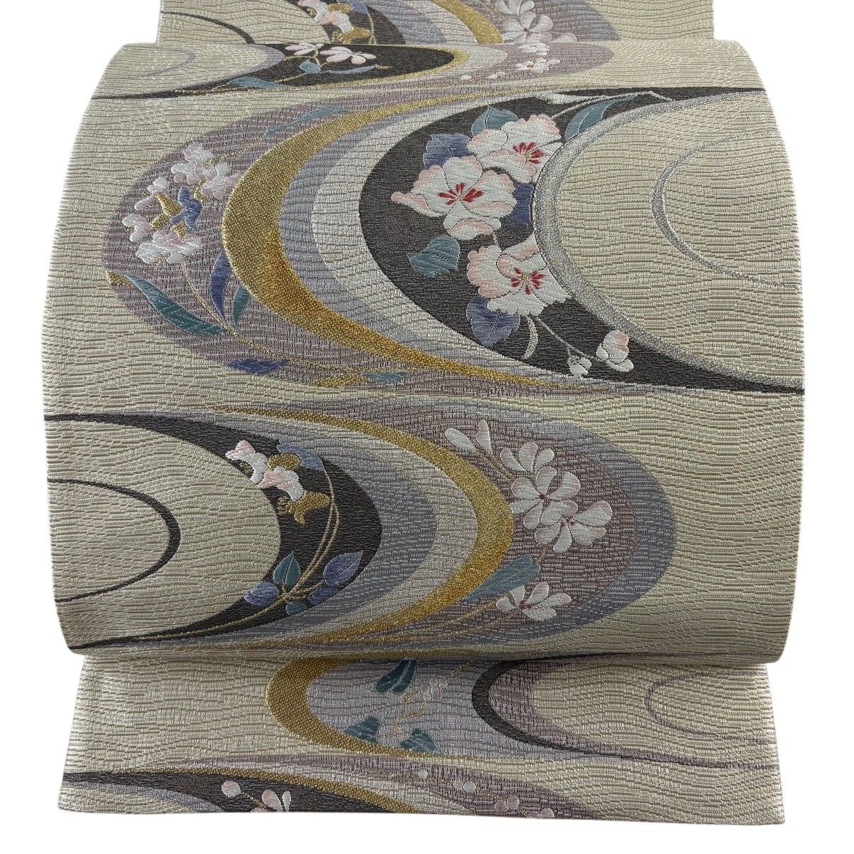 【美品】 袋帯 秀品 鈴乃屋 草花 幾何学模様 金銀糸 ベージュ 六通 正絹 【中古】