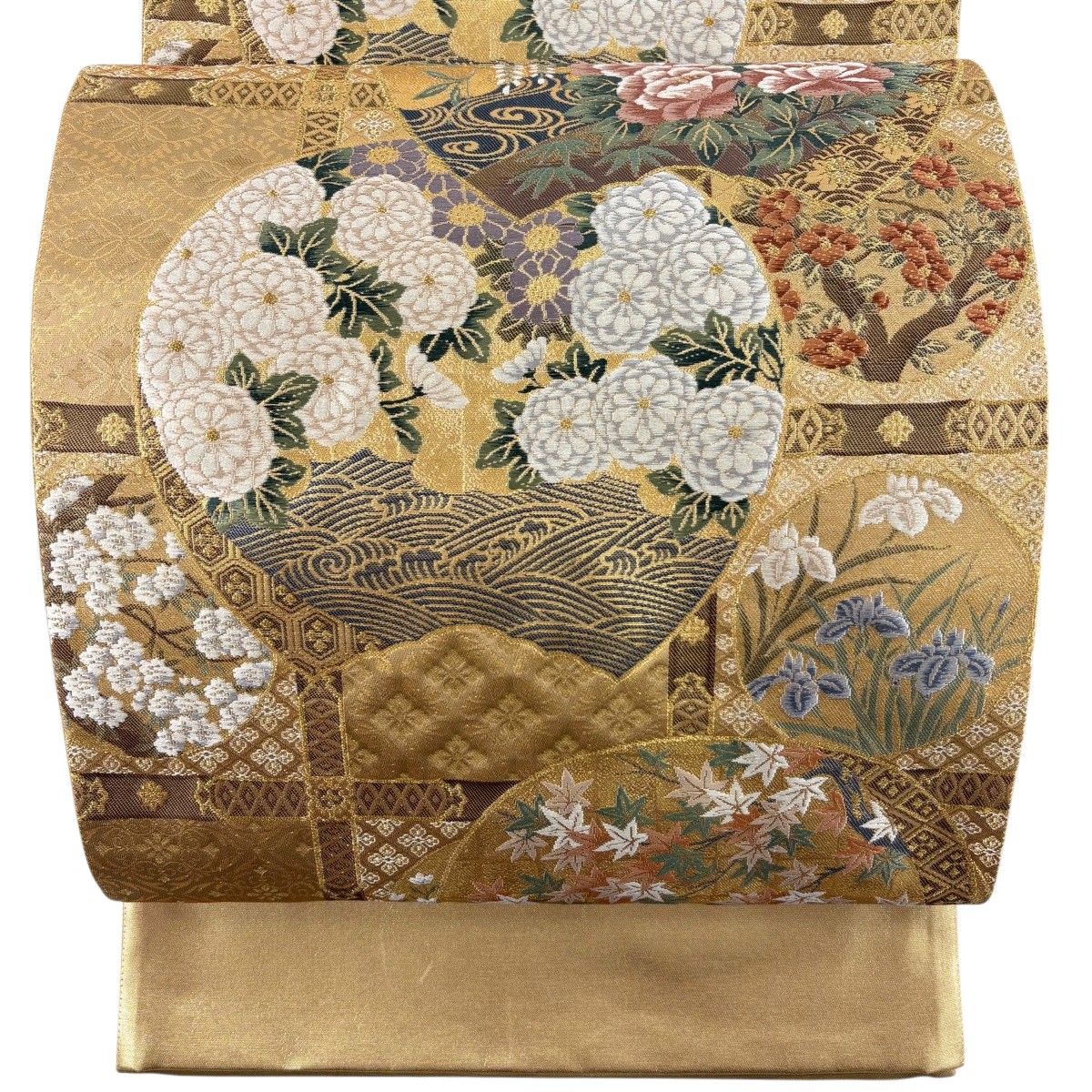 【美品】 袋帯 秀品 証紙 障壁天井団扇図 草花 金糸 箔 薄茶色 六通 正絹 【中古】