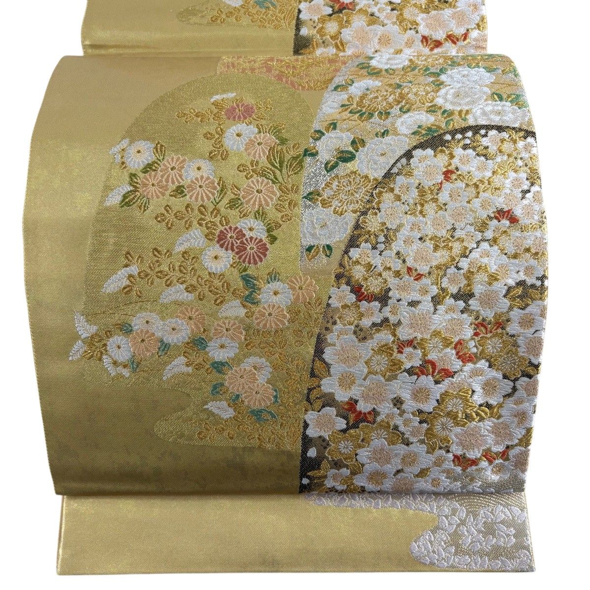 【美品】 袋帯 秀品 鈴乃屋 桜 菊 箔 金糸 からし色 お太鼓柄 正絹 【中古】