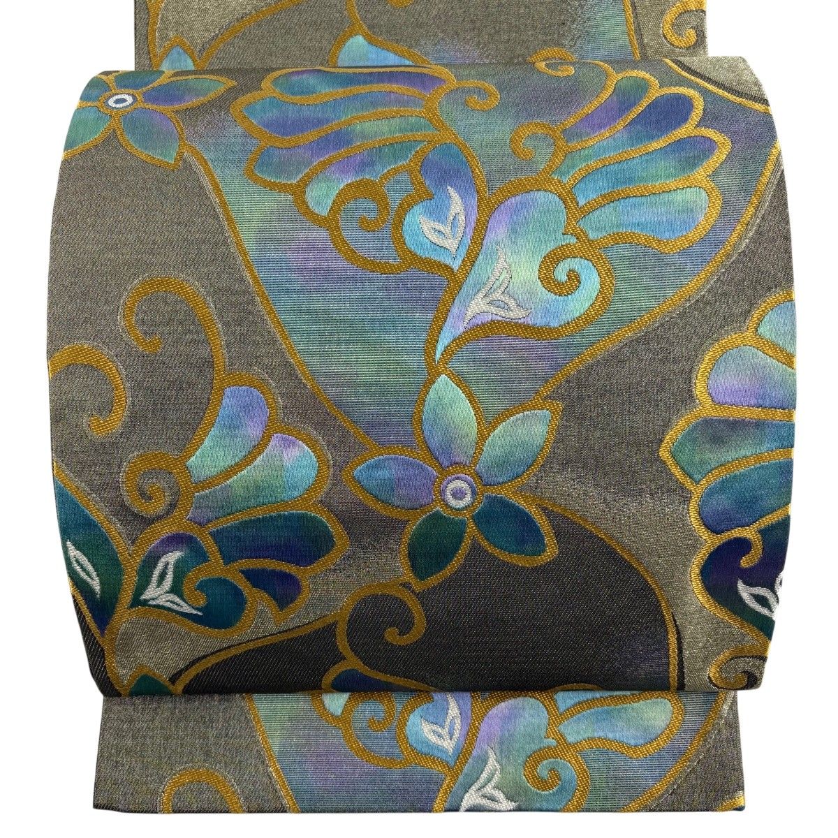 【美品】 袋帯 秀品 花 幾何学模様 金糸 茶緑色 六通 正絹 【中古】