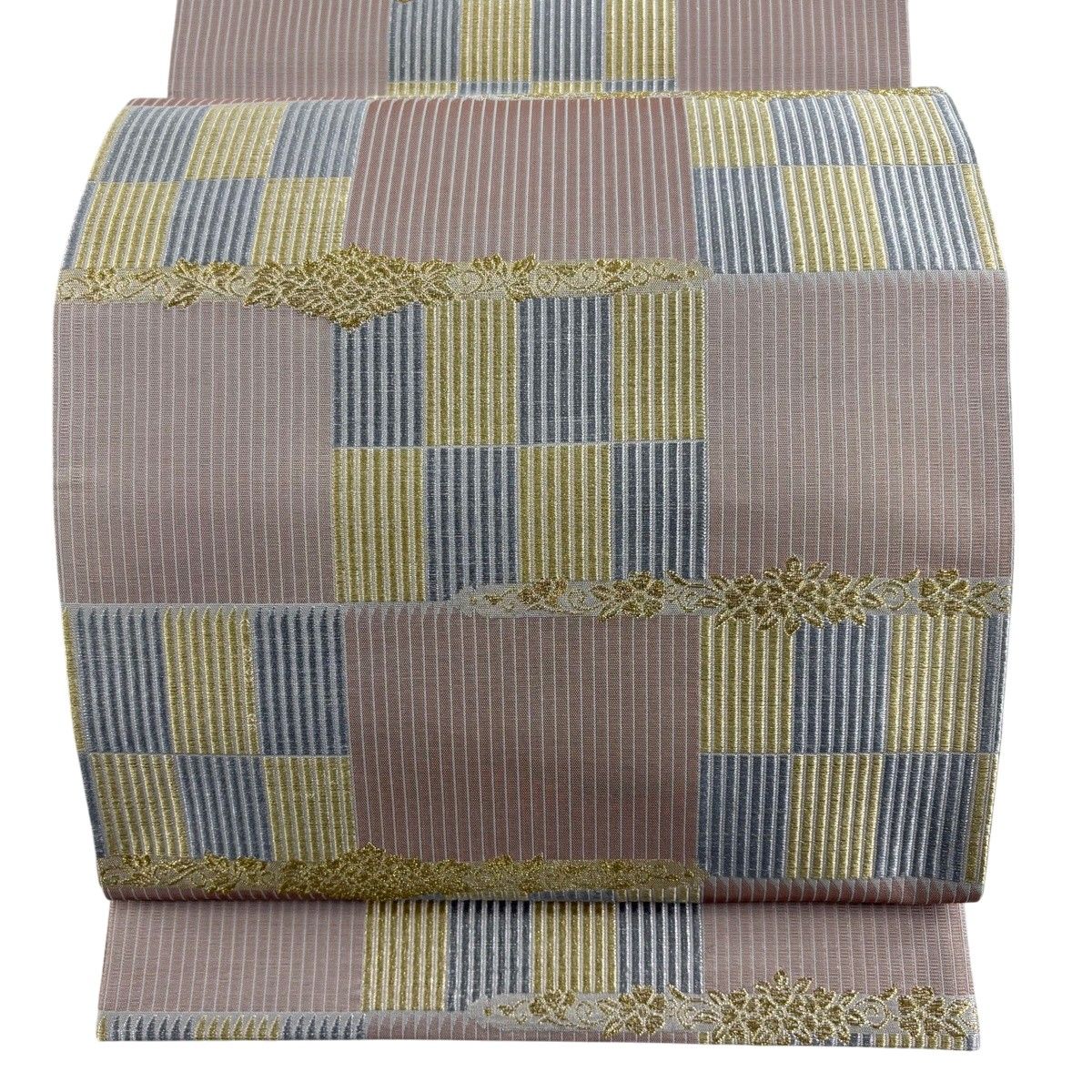 【美品】 袋帯 秀品 秘宝鎧段文 市松模様 縞 金銀糸 小豆色 六通 正絹 【中古】