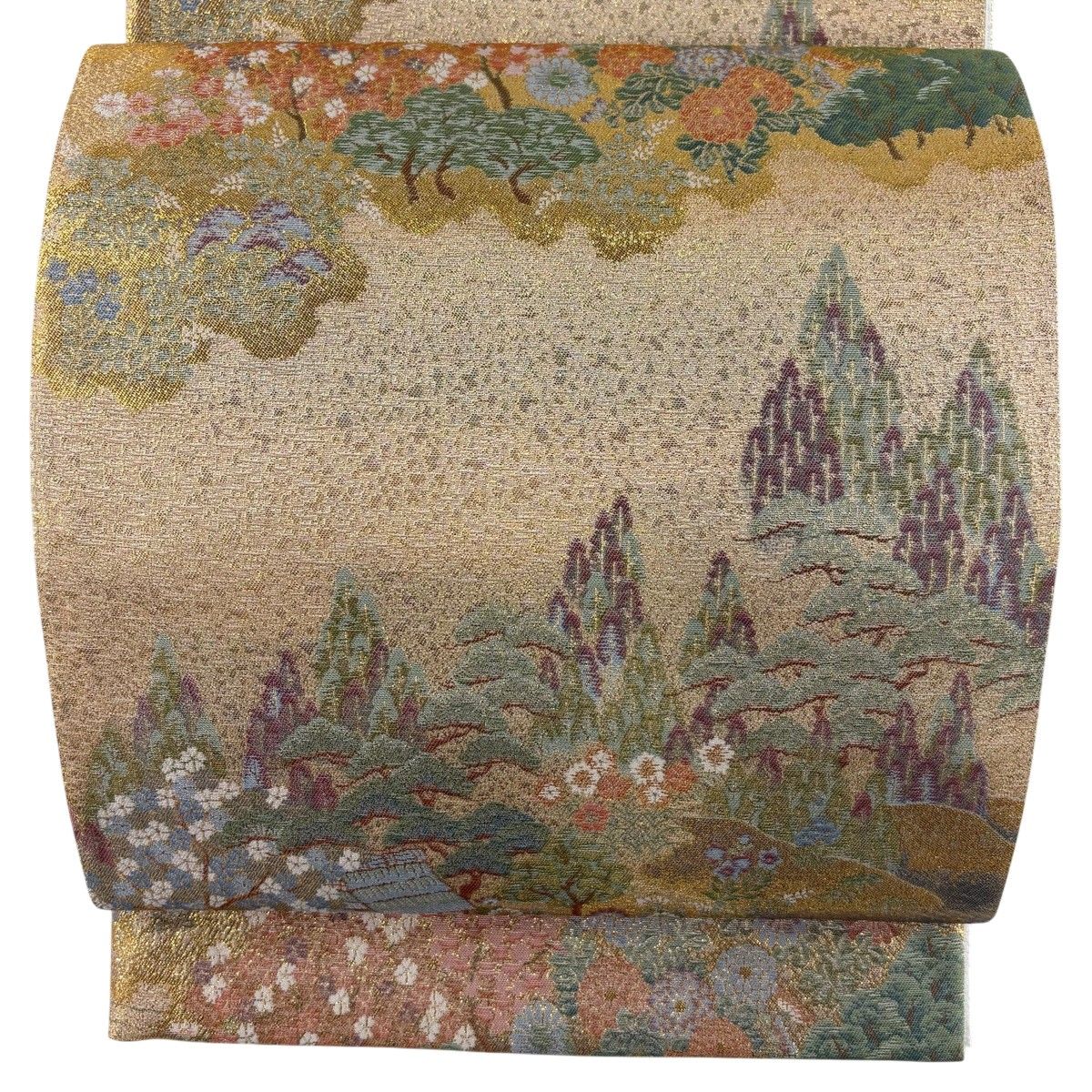【美品】 袋帯 秀品 家屋 樹木 箔 金糸 金色 全通 正絹 【中古】