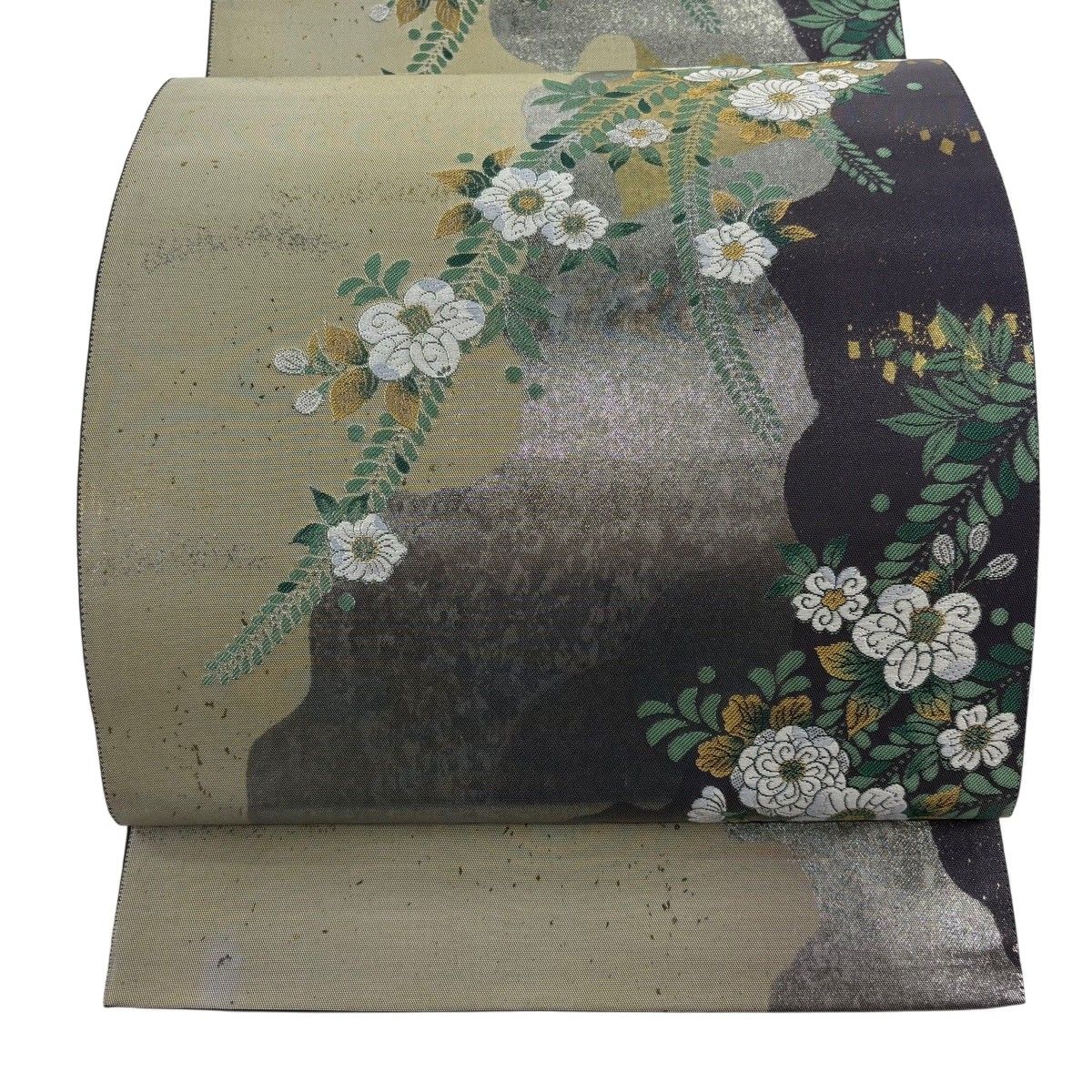 【美品】 袋帯 秀品 草花 箔 灰緑 六通 正絹 【中古】