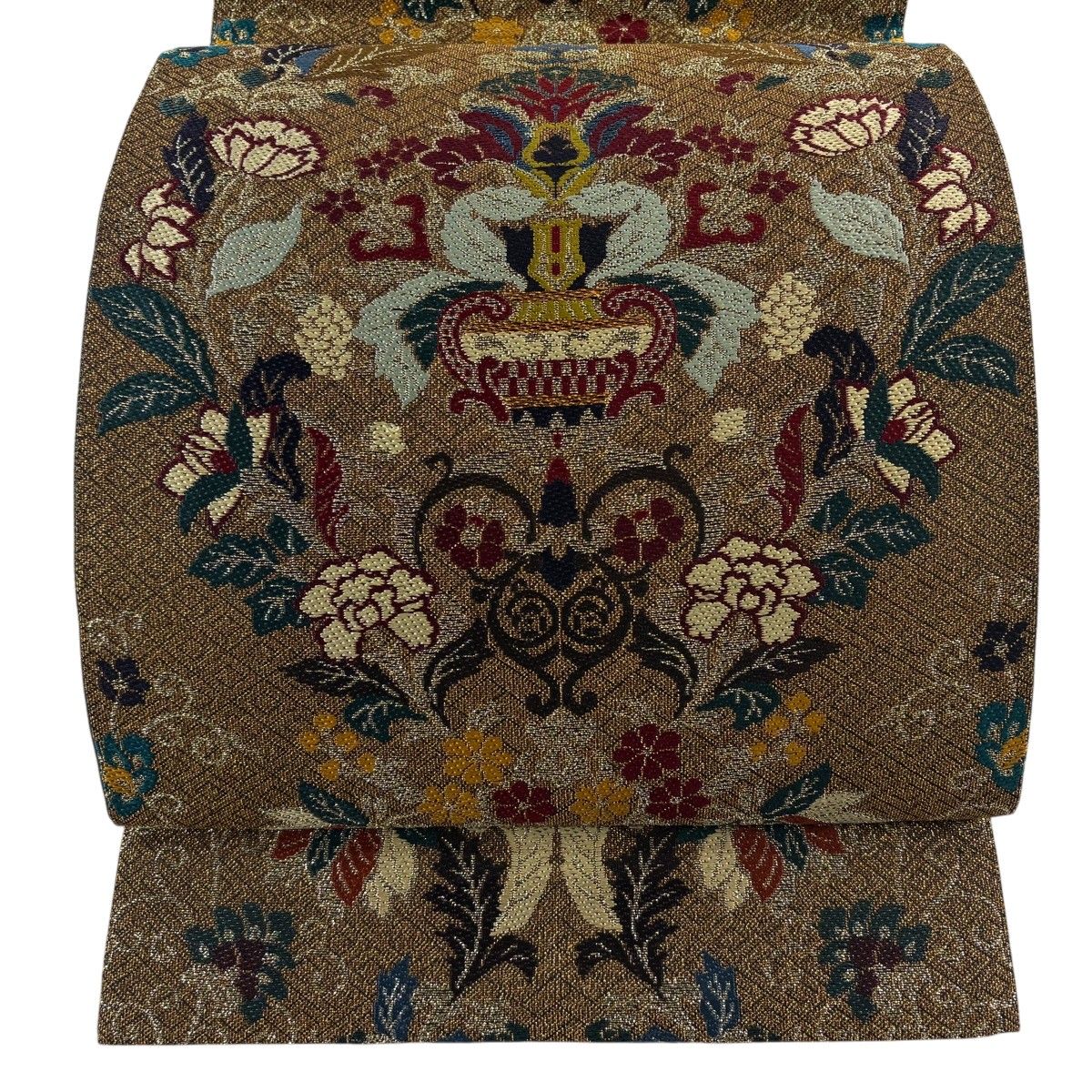 【美品】 袋帯 秀品 草花 金糸 箔 金茶 六通 正絹 【中古】