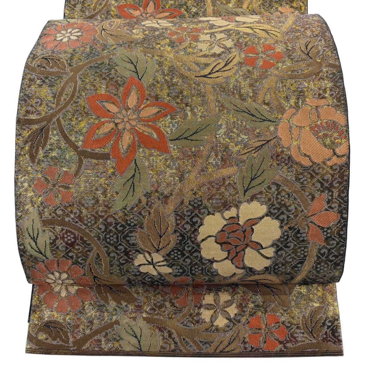 【美品】 袋帯 秀品 川島織物 落款 関西仕立て 花唐草 金糸 箔 金色 六通 正絹 【中古】