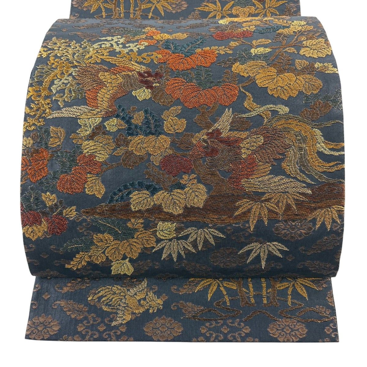 【美品】 袋帯 秀品 紋屋井関 落款 御寮織 桐竹鳳凰文 金糸 箔 黒灰 六通 正絹 【中古】