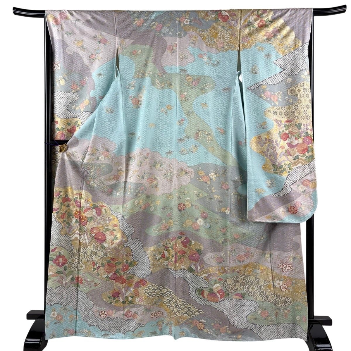 振袖 身丈168.5cm 裄丈65cm M 袷 菊 雪輪 金糸 金彩 水色 正絹 名品 【中古】