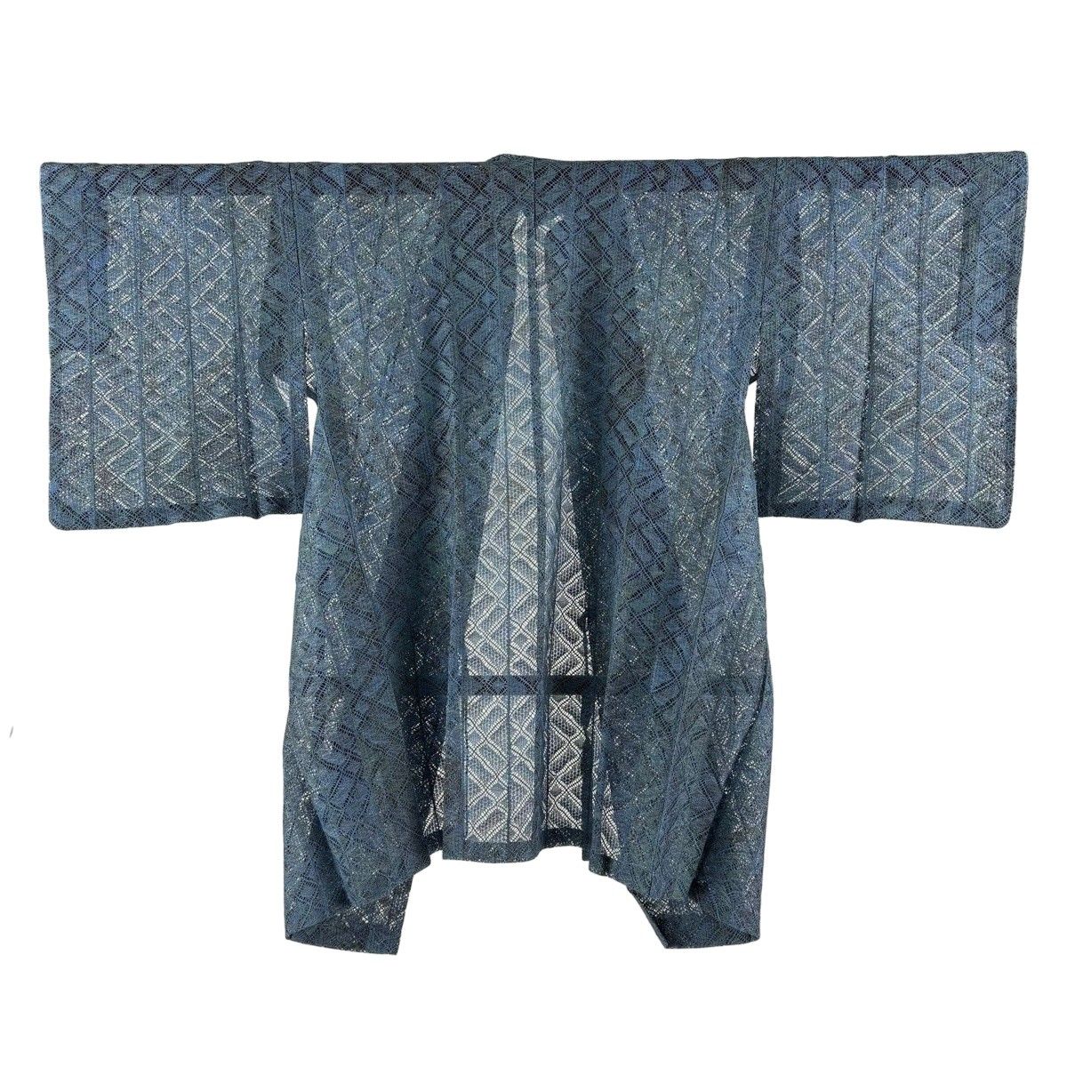 【美品】 道中着 身丈90cm 裄丈61cm S 和装コート 証紙 幾何学模様 奄美大島本泥染 青灰色 正絹 名品 【中古】