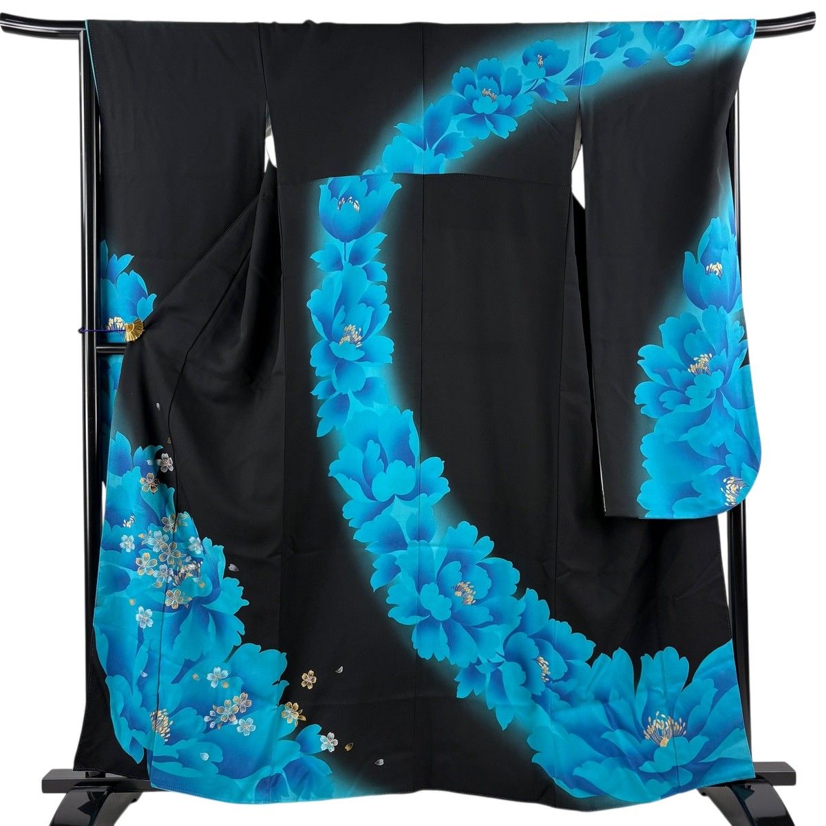 振袖 身丈160cm 裄丈67.5cm L 袷 桜 牡丹 金銀彩 ぼかし 黒 正絹 名品 【中古】