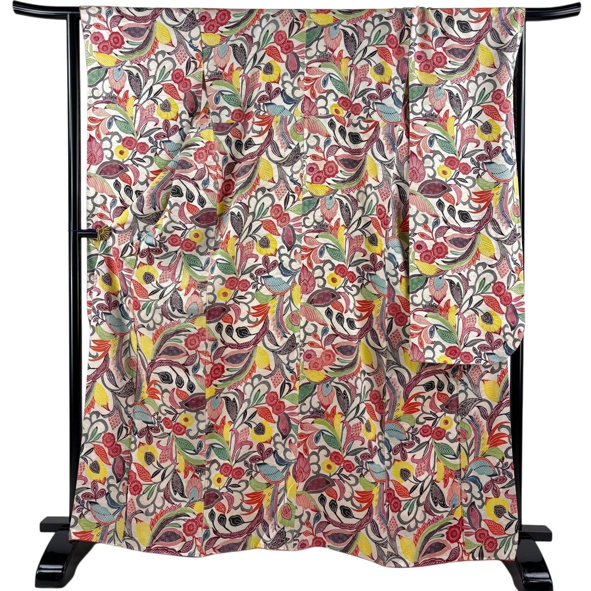 振袖 身丈166cm 裄丈65.5cm M 袷 花唐草 地紋 クリーム 正絹 名品 【中古】振袖
