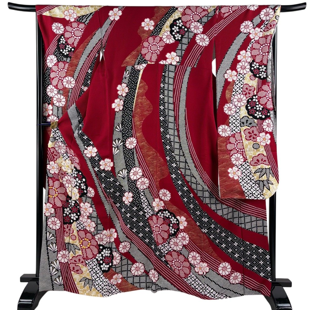 振袖 身丈165cm 裄丈68cm L 袷 花柄 熨斗 金糸 金彩 赤 正絹 名品 【中古】