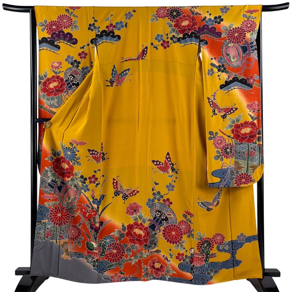 振袖 身丈162.5cm 裄丈65.5cm M 袷 落款 鼓 花鳥 ぼかし 山吹色 正絹 名品 【中古】
