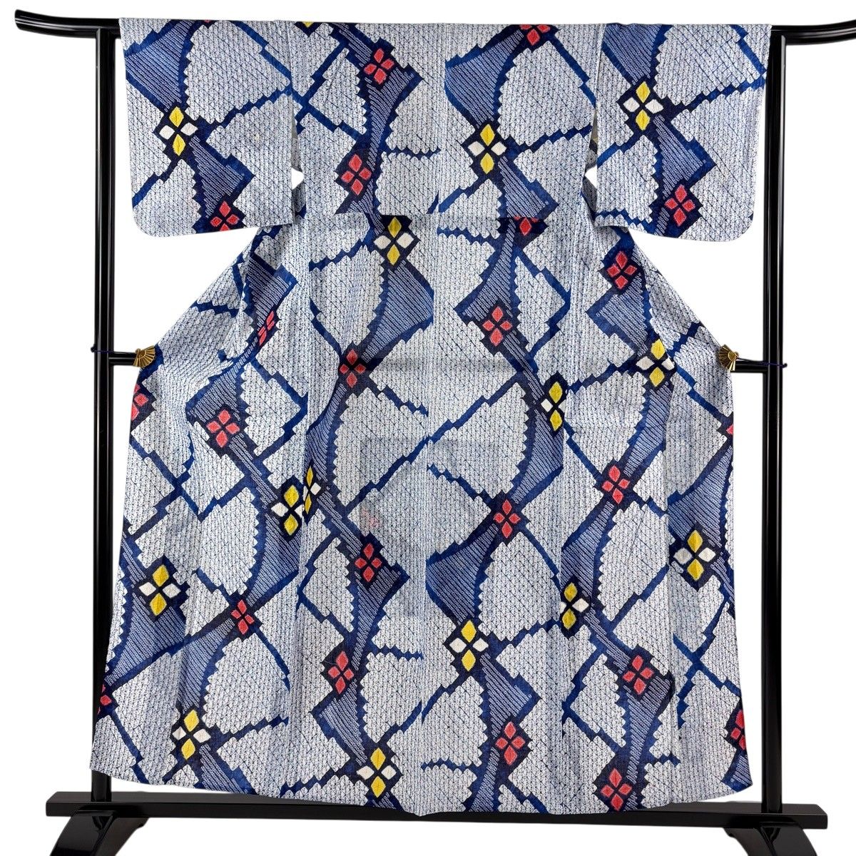 浴衣 身丈158cm 裄丈62.5cm S 絞り浴衣 花 幾何学 青 綿 名品 【中古】