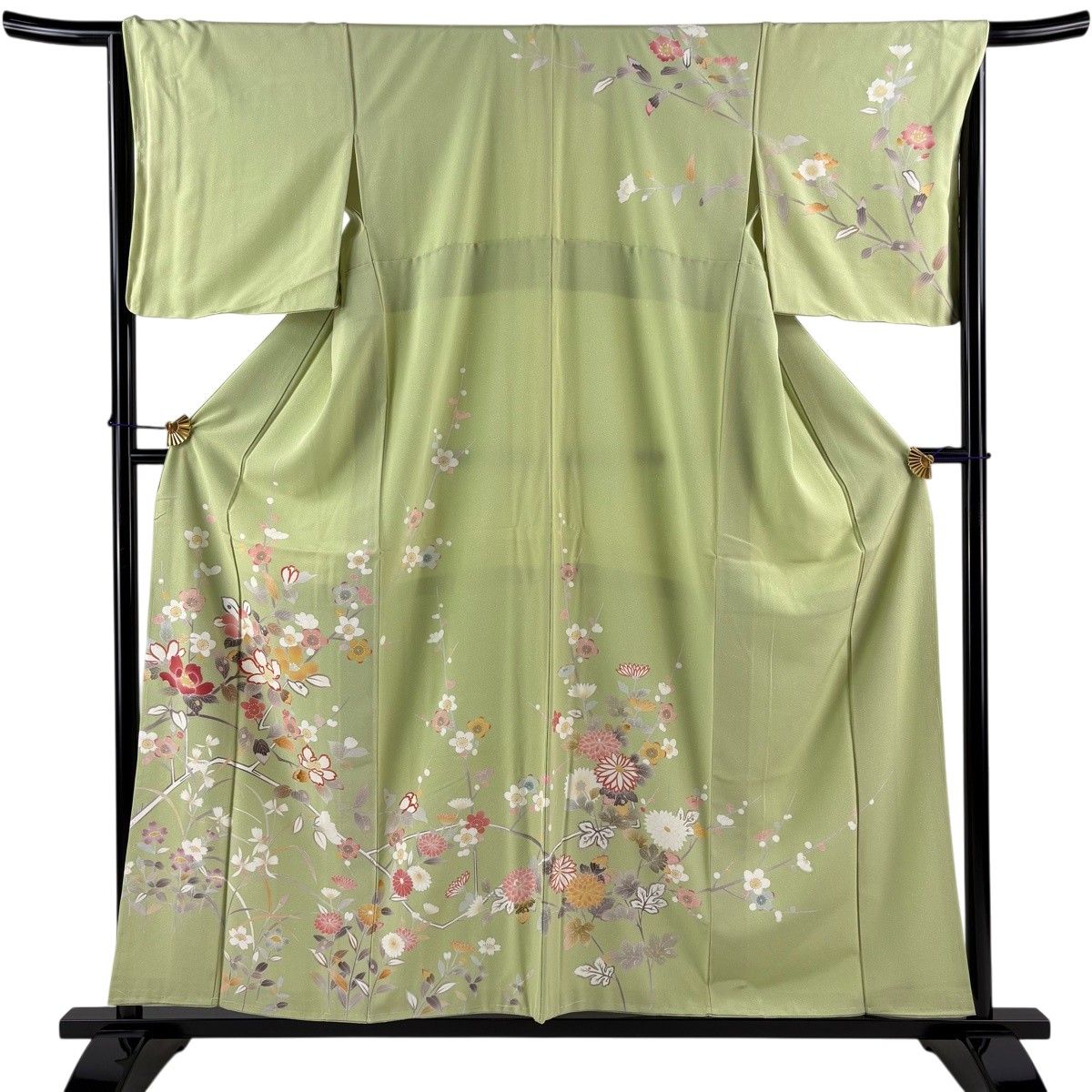 訪問着 身丈156.5cm 裄丈66cm M 袷 枝花 草花 黄緑色 正絹 名品 【中古】