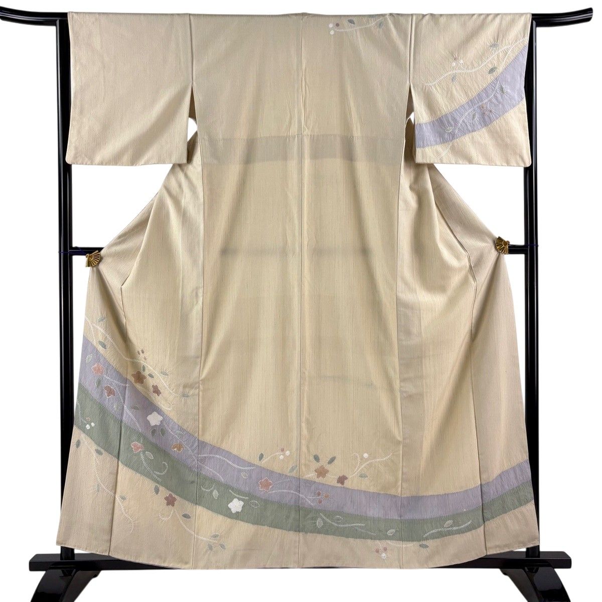 訪問着 身丈158.5cm 裄丈64cm M 袷 紬地 草花 絞り ベージュ 正絹 名品 【中古】 10,626円