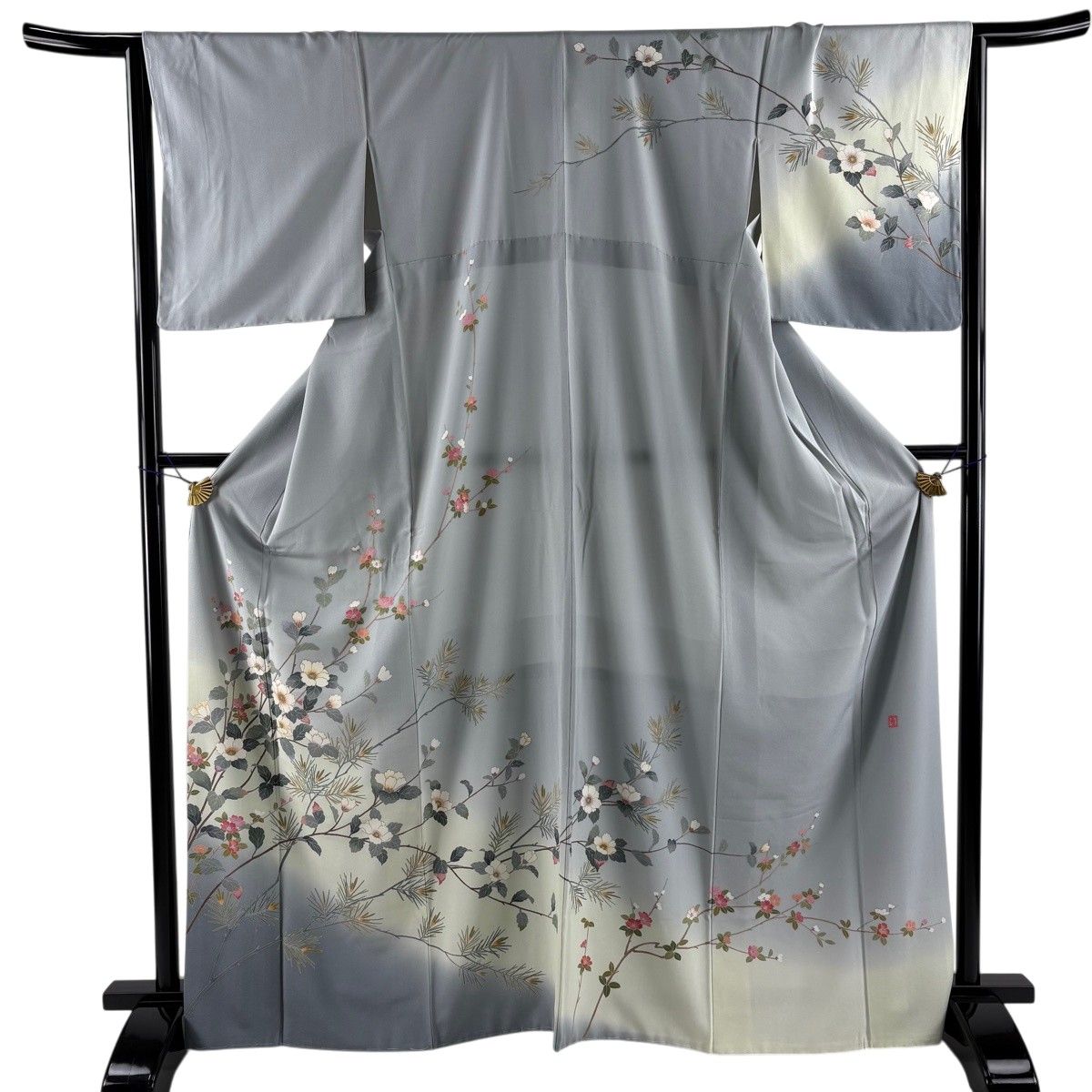 訪問着 身丈165.5cm 裄丈64.5cm M 袷 落款 松 枝花 金彩 ぼかし 青灰色 正絹 名品 【中古】