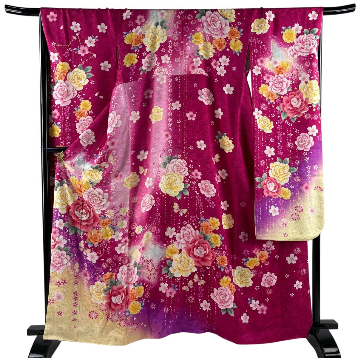 振袖 身丈161.5cm 裄丈67.5cm L 袷 鈴乃屋 薔薇 蝶 金糸 刺繍 赤紫 正絹 名品 【中古】